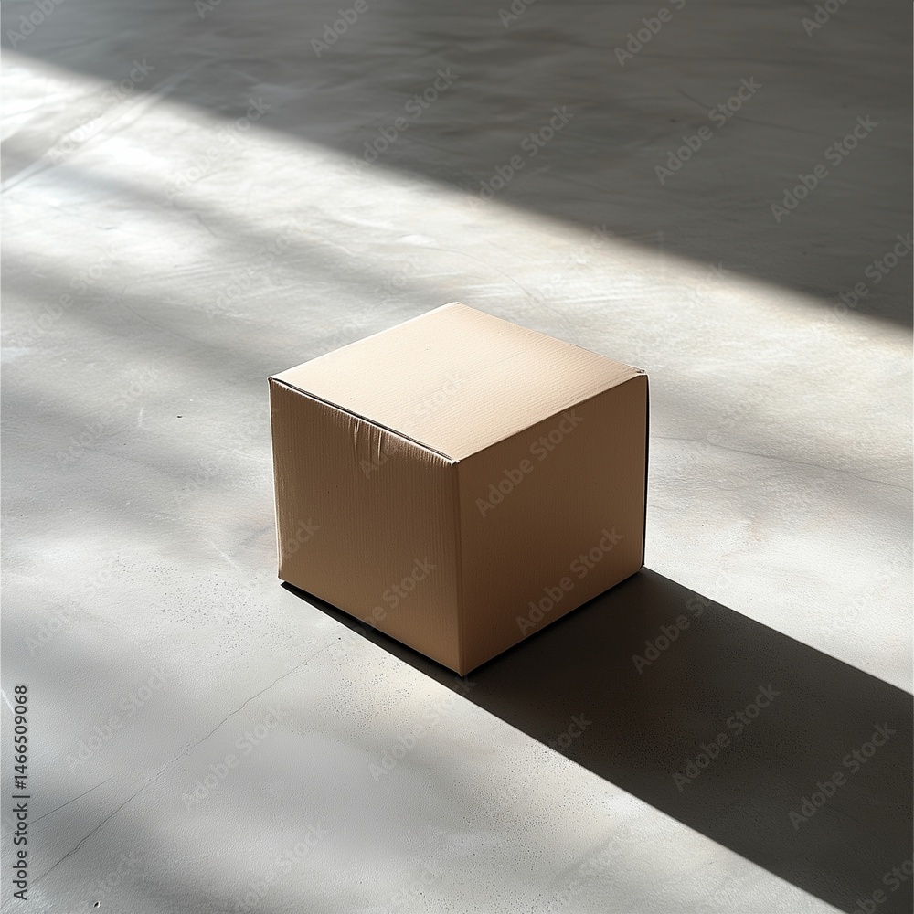 Poster cardboard cube on a cement floor: a single, unassuming cardboard cube sits illuminated, casting a st