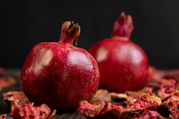 pomegranate on a table, sweet red pomegranate in the kitchen, close up