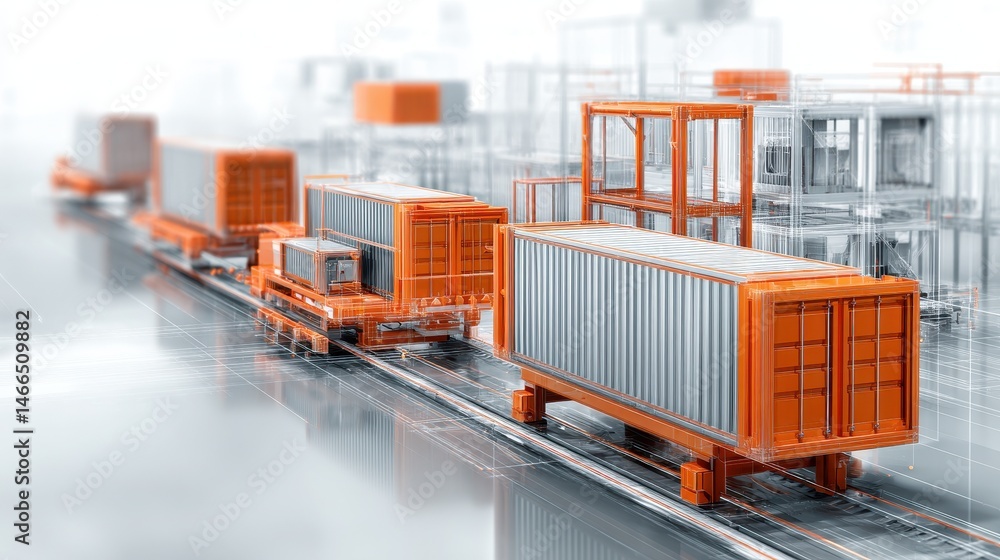 Poster 3d rendering of shipping containers on a transport track, showcasing a modern logistical environment