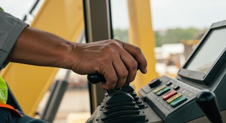 Obraz premium Operator controlling heavy machinery with joysticks in cabin 