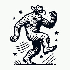 Obraz premium bigfoot with cowboy hat and american flag overlay scraf Dancing. Sasquatch hairy mythical creature Clipart line art vector illustration. .