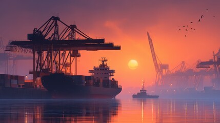 Obraz premium Industrial port scene at sunset with cargo ships and cranes reflecting in the water.