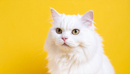 Portrait of cute white cat on yellow background. Adorable fluffy pet. For vet clinic poster or banner.
