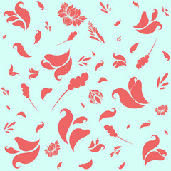 Original pattern with red summer flowers in Petrykivka style on soft mint green background