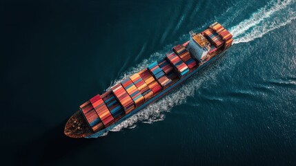 Fototapeta premium A cargo ship navigates through deep blue waters, laden with colorful containers, creating ripples in its wake.