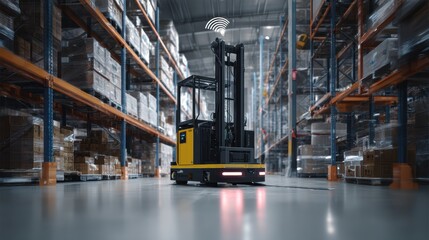 A warehouse scene featuring an automated forklift navigating between stacked shelves filled with boxes.