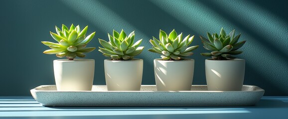 Four succulents in white pots on a tray