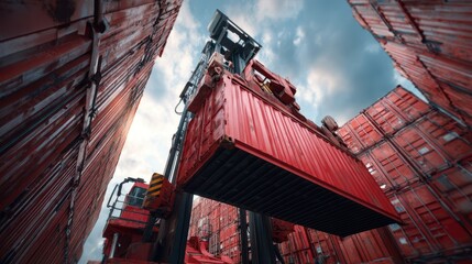 A towering crane lifts a large red shipping container amidst a maze of stacked containers, set against a dramatic sky.