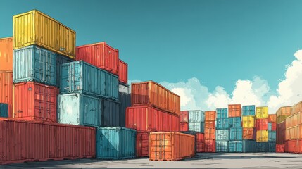 Fototapeta premium Colorful shipping containers stacked in a port under a bright blue sky with fluffy clouds, depicting a busy logistics environment.