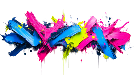 Thick paint strokes of pink, blue, and yellow, isolated, cut out transparent