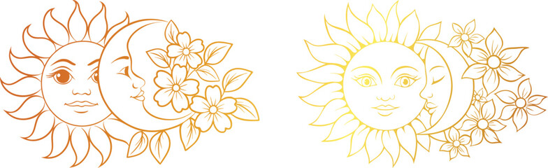 golden Sun and Moon with Sunflowers and Night Jasmine flower Line Art Vector | Celestial Floral Illustration Design