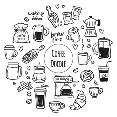 Cute doodle cartoon coffee shop icons. Outline hand drawn for coffee and bakery for cafe menu
