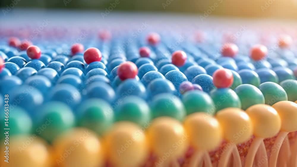 Poster astaxanthin concept, dynamic interaction of colorful molecular particles microscopic exploration of 
