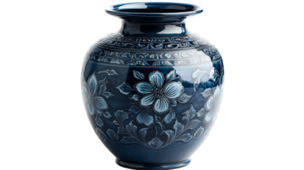 Elegant dark blue ceramic vase with floral motif, cut out transparent