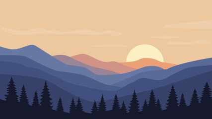 Vector illustration of a pink sunset in the mountains in flat design style, with layered hills, soft pastel colors