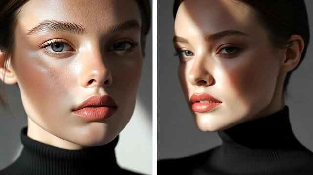 Close-up portrait of a young woman with light skin and brown hair, wearing a black turtleneck.  She is lit dramatically with sunlight highlighting her face.  The split-screen shows two angles