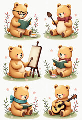 Whimsical 2D Bears with Retro Charm Engaged in Painting, Reading, Gardening, and More, in Soft Pastel Colors
