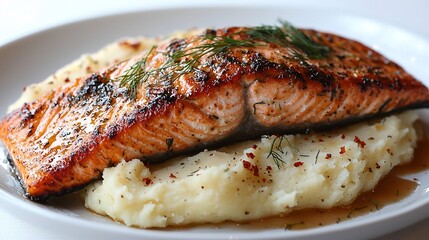 Pan-seared salmon fillet served atop creamy mashed potatoes