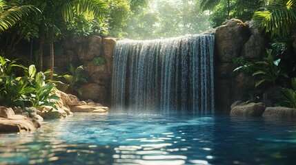 A tranquil waterfall in a tropical rainforest, crystal clear water