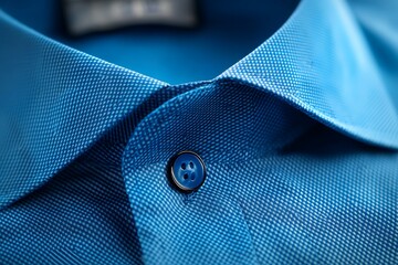 Close-up of a textured blue shirt with a button closure and a slightly visible tag at the back collar