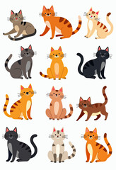 Minimalist Cat Doodles: Rainbow Colored Cats in Playful Poses - Unique Cartoon Collection on Clean White Background
