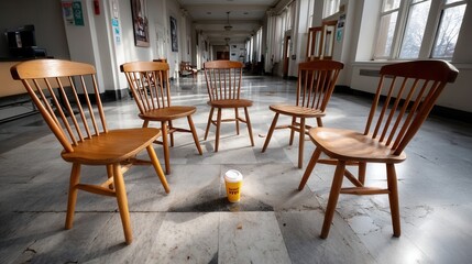 Abandoned hospital corridor with scattered wooden chairs and spilled coffee cup under natural light