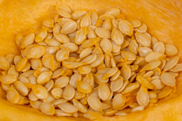 cut orange pumpkin with cooking seeds, preparing orange pumpkin for cooking, pumpkin seeds inside