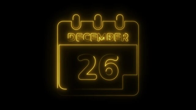 Glowing neon calendar icon animation representing december 26th in modern style