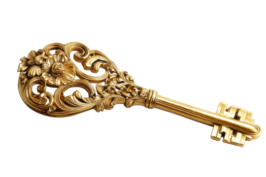 Ornate gold key with floral scrollwork embellishments, cut out transparent