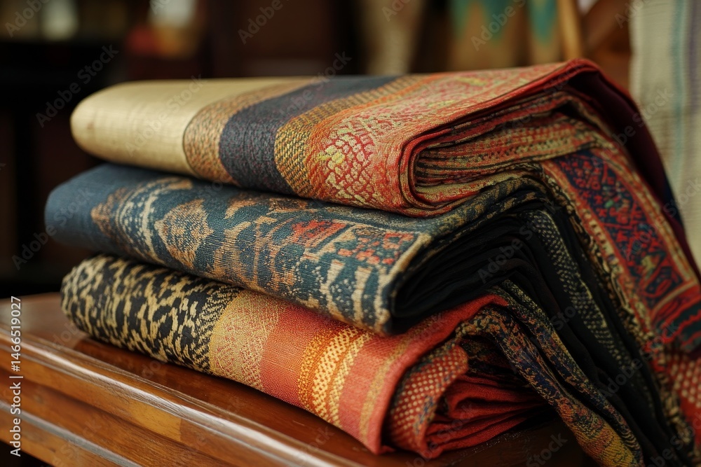 Aufkleber a stack of patterned throws displayed on a wooden surface.