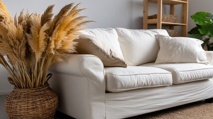 Cozy white sofa with pampas grass in a basket
