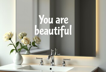 Positive message reflected in mirror with flowers in bathroom  
