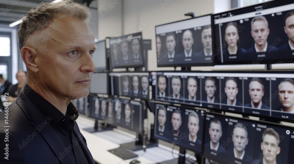 Poster senior caucasian male software engineer analyzing facial recognition data on multiple monitors in hi