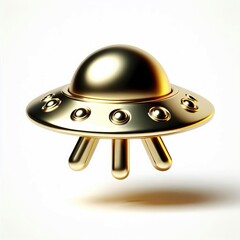 a 3d metallic gold silver cartoon of a UFO Illustration on a white background