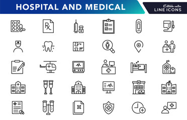 Hospital and medical care line icon set. Medicine, health care, doctor, emergency, medicine, info, surgery, and patient outline icon collection. UI thin outline vector icon pack