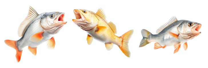 Set of Golden Perch fish with open mouth, detailed fins and scales isolated on white transparent background. Concept of marine wildlife and fishing