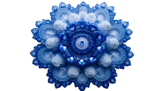 Blue detailed symmetrical fractal bloom arrangement, cut out transparent