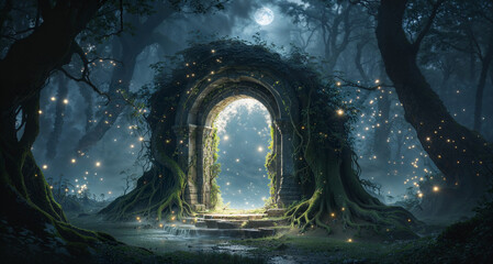 Mystical stone portal glowing in dark forest, with vines, roots, and moonlight through dense trees