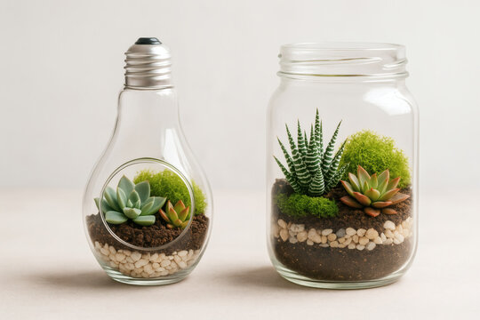 Succulent Terrariums in Glass Jar and Lightbulb-Shaped Container