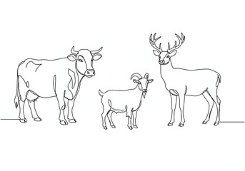 Animal Kingdom Cow, Goat, and Deer in Minimalist From,  Pasture to Woodland A Simple Animal Portrait cow, goat and deer on white background