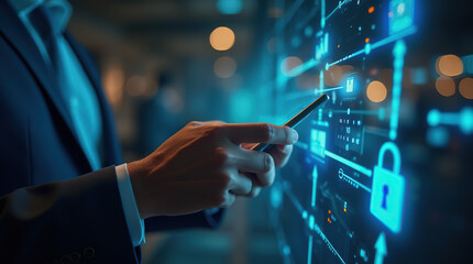 Businessman securing data with smartphone and laptop, protecting financial transactions and personal info from cyber threats.