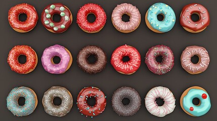 Assorted colorful donuts with icing and sprinkles neatly arranged in rows on black background, each with unique topping and vibrant glaze, emphasizing playful pattern and variety of sweet treats.