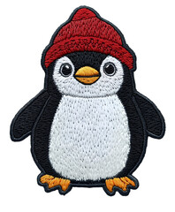 Fototapeta premium An adorable penguin wearing a red hat and a cute appearance, charming pose, and soft texture. Suitable for crafting projects.