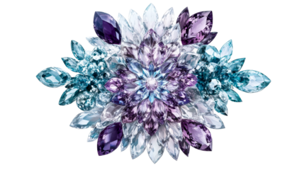 Gemstone blossom arrangement with violet and turquoise hues, cut out transparent