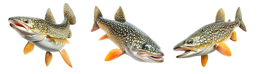 Fototapeta premium Set of northern pike fish with spotted scales, fins and sharp jaw isolated on white transparent background, concept of aquatic life