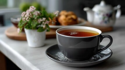 Black ceramic cup filled with hot tea on a saucer with a breakfast setting in the background