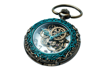 Ornate Teal & Bronze Pocket Watch Mechanism Isolated, cut out transparent