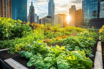 Fototapeta premium Urban rooftop garden against a backdrop of skyscrapers at sunrise.