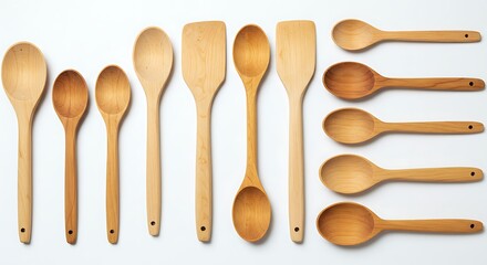 Wooden Spoons and Spatulas Kitchen Utensils Arranged on White