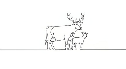 Animal Kingdom Cow, Goat, and Deer in Minimalist From,  Pasture to Woodland A Simple Animal Portrait cow, goat and deer on white background
